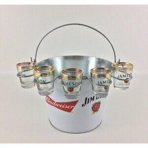 Budweiser and Jim Beam Collaboration Metal 6 Pack Beer Ice Bucket w Shot Glasses